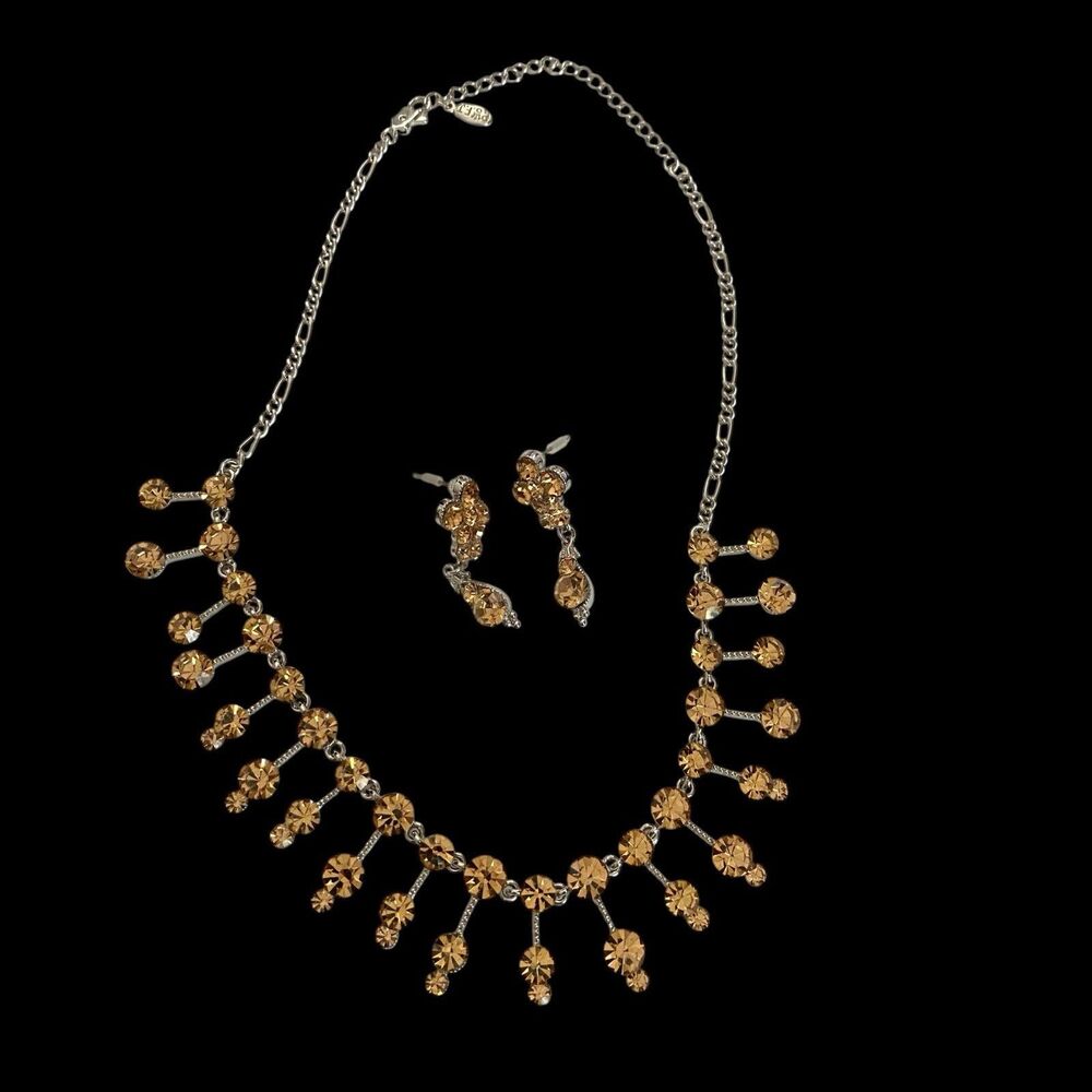 P.O.F.J. Gold Rhinestone Silvertone Metal Bib Necklace and Dangle Earrings Set
